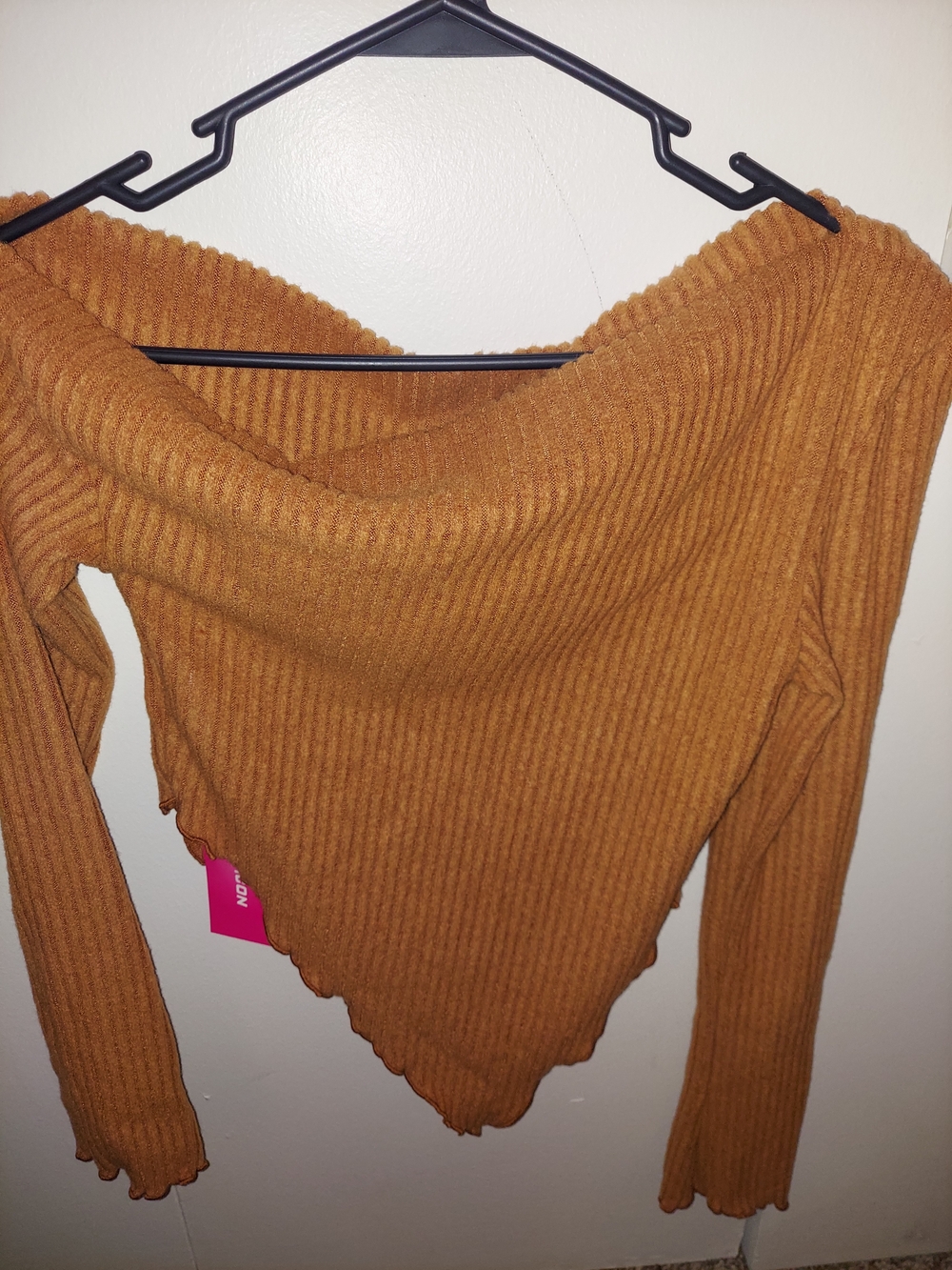 SHEIN Ribbed Off-Shoulder Sweater in Mustard Brown